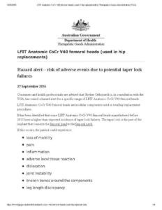 Stryker LFIT defective hip replacement Australian Hazard Alert